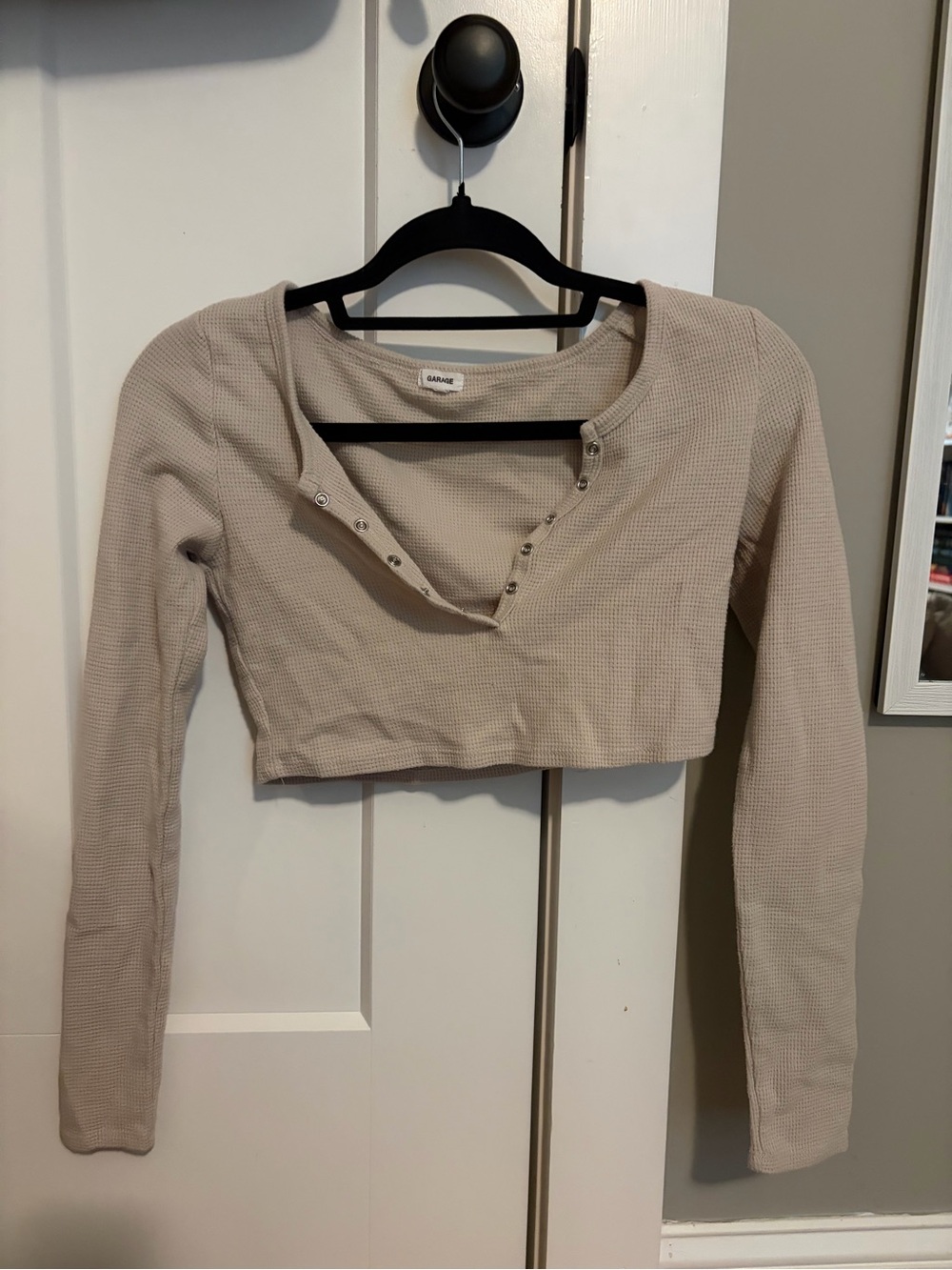 Garage Beige Cropped Waffle Henley Long Sleeve Top With Buttons